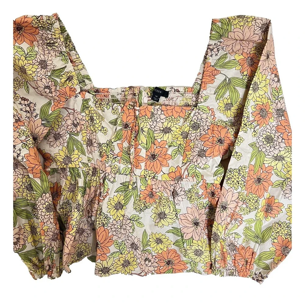J Crew Smocked Top 14 Zinnia Floral Square Neck Peasant Cottagecore